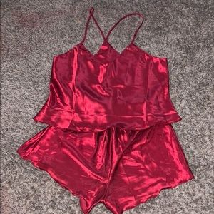 red silk pajama set